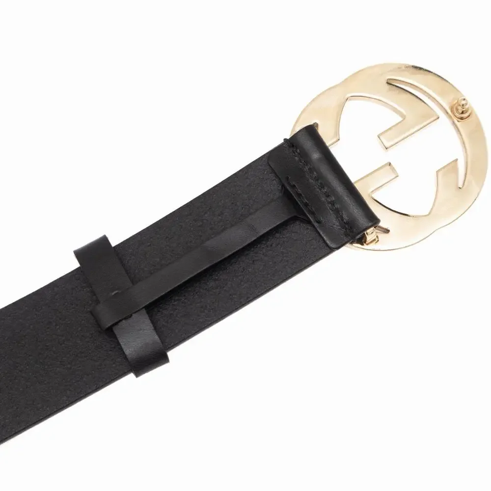 570$ GUCCI Black Leather Belt Gold-Tone Textured Interlocking GG Buckle 85/34
